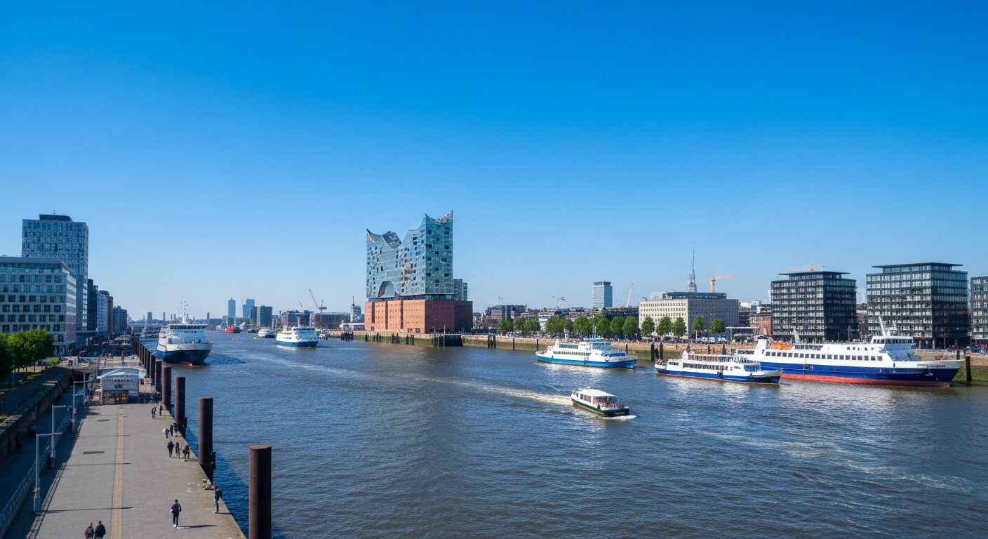 Hamburg Elbphilharmonie und HafenCity bei Sonnenuntergang