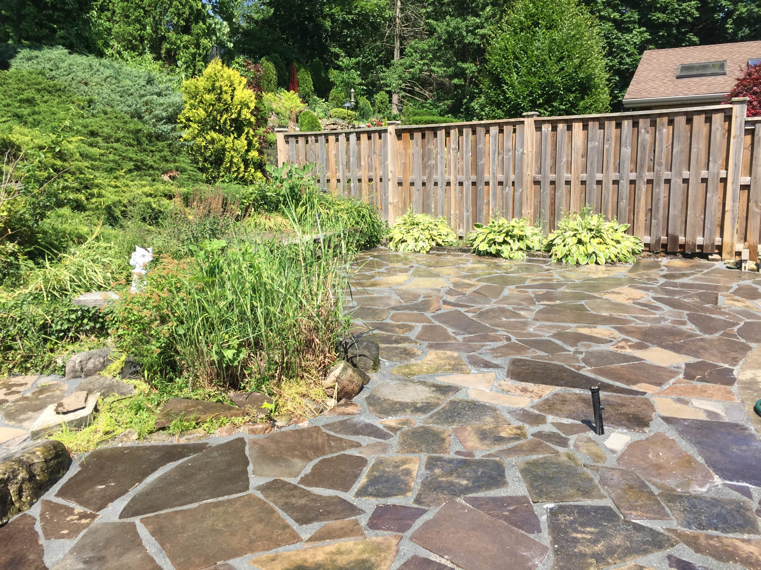 Backyard Patio and Garden With Fountain