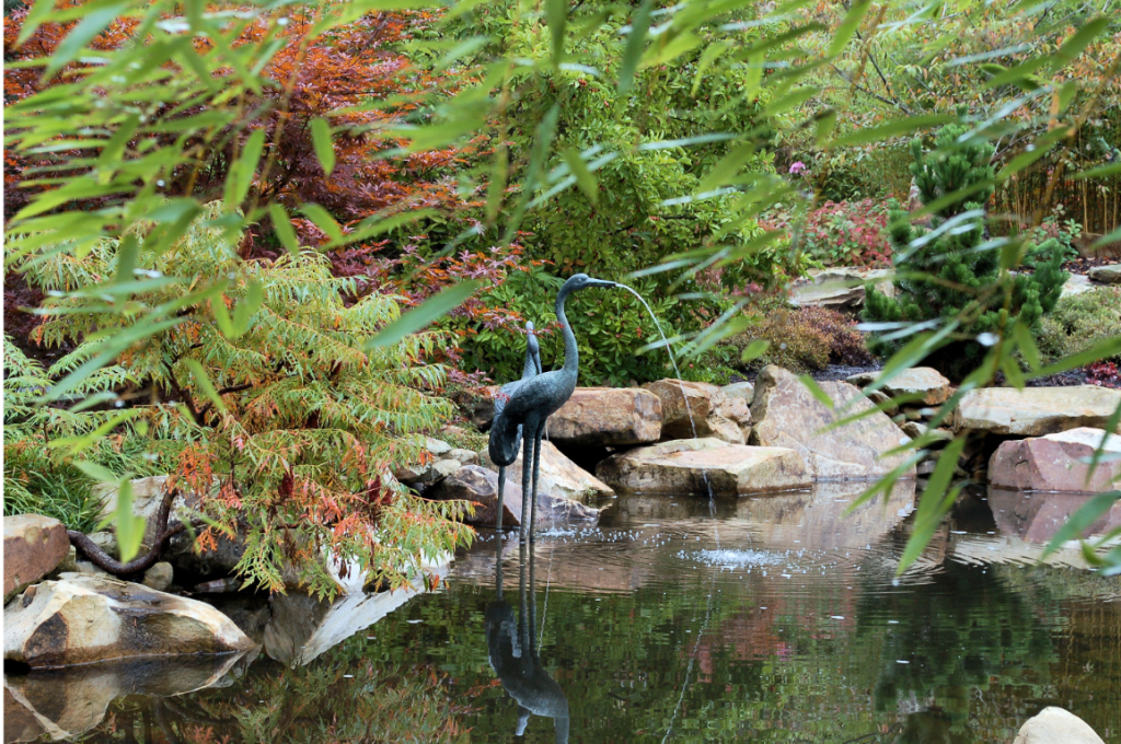 Pond with bird statue