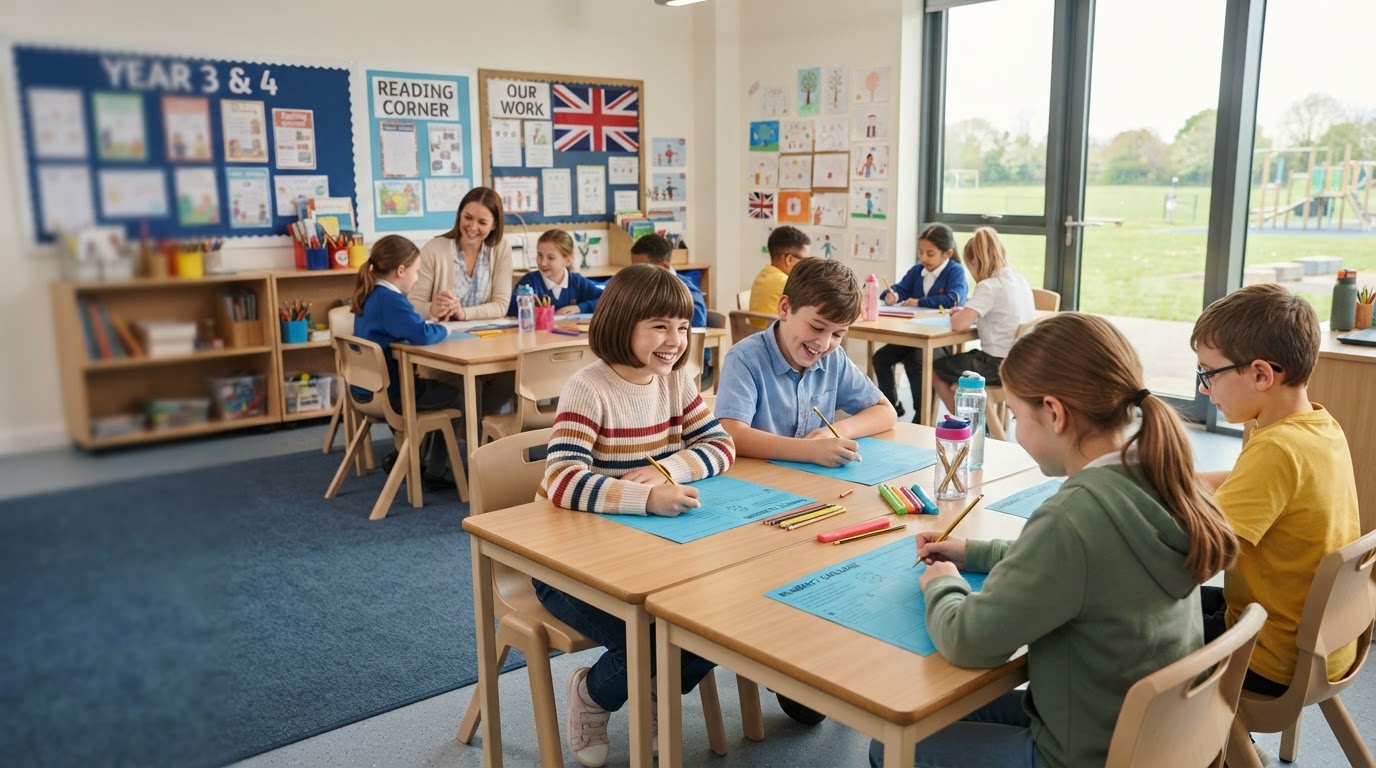 Happy primary school children working on blue worksheets at Oldham Tuition Centre