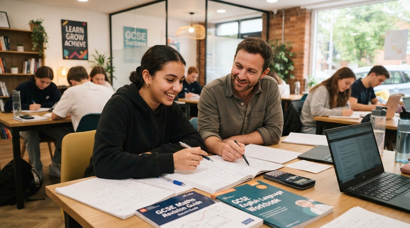 Positive tutor and 16-year-old student working together on GCSE Maths and English, student looking more confident
