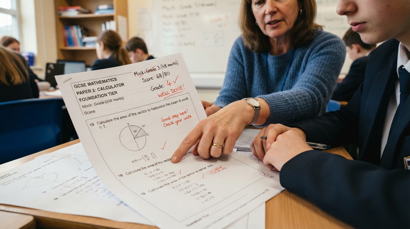 Close-up of a GCSE Maths paper showing progress from Grade 3 towards Grade 4 with tutor supporting student