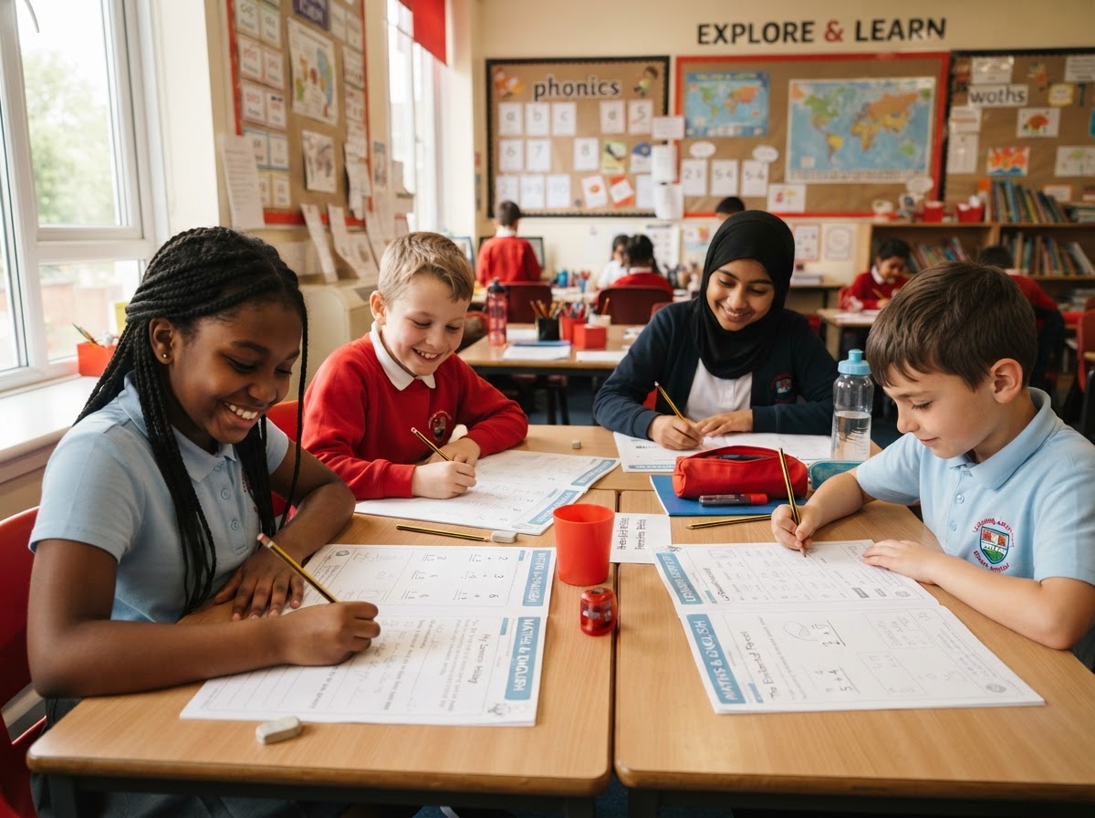 Primary school pupils engaged in Maths and English tuition worksheets at Oldham Tuition Centre