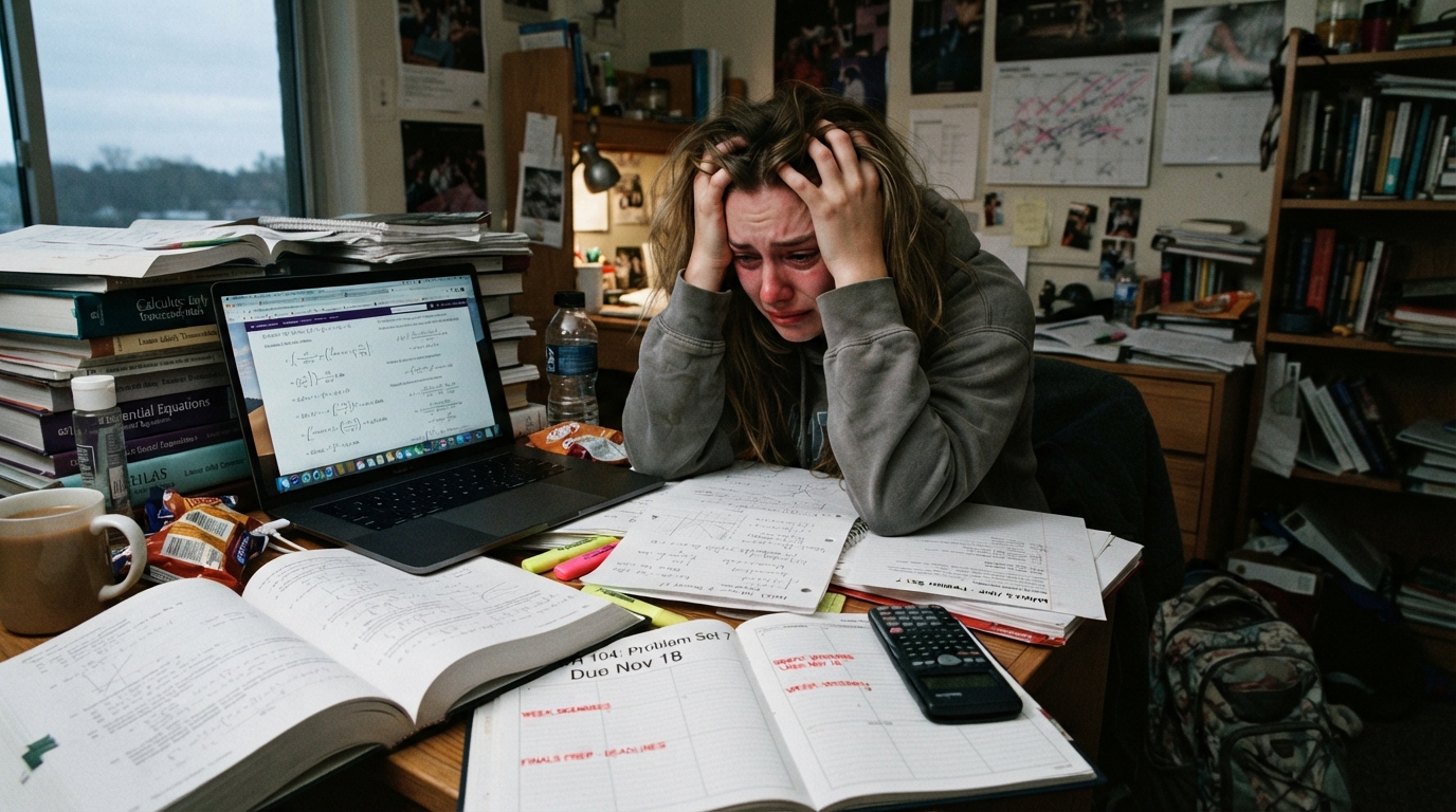 College student surrounded by coursework, laptop, Maths papers and deadlines