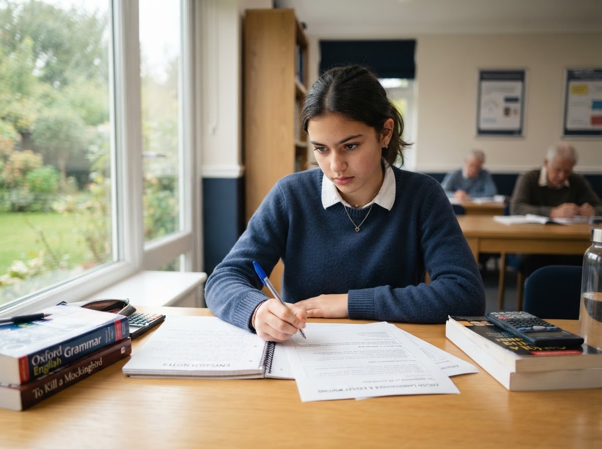 Home-educated student working independently on English worksheets during daytime tuition at Oldham Tuition Centre