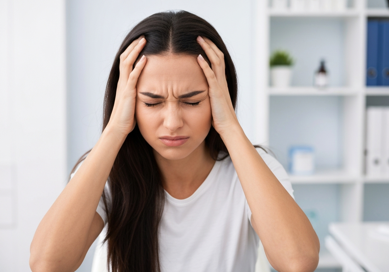 Woman experiencing headache relief through chiropractic care at Acacia Chiropractic Clinic Tega Cay