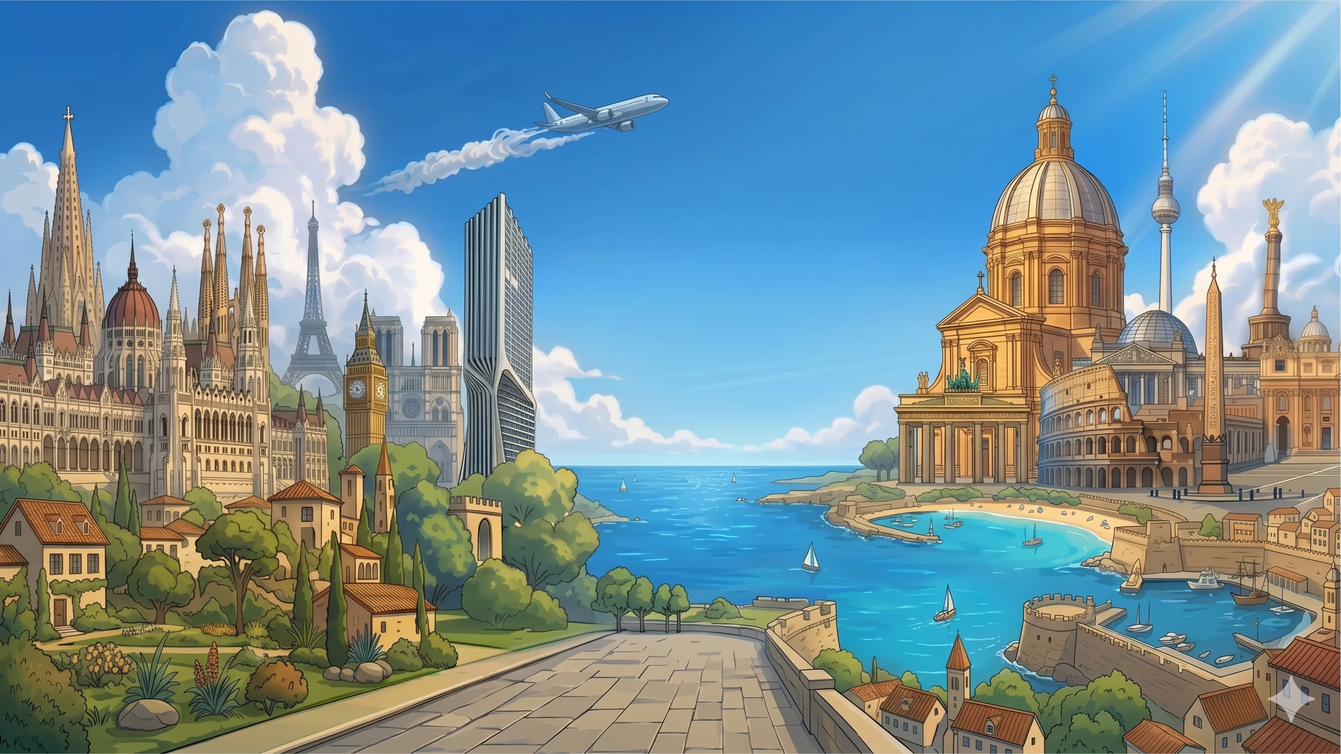 European cityscape with airplane