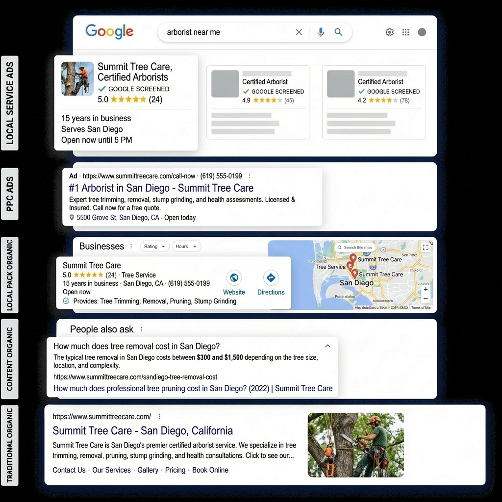 Google search results showing local service ads, PPC, local pack, and organic results