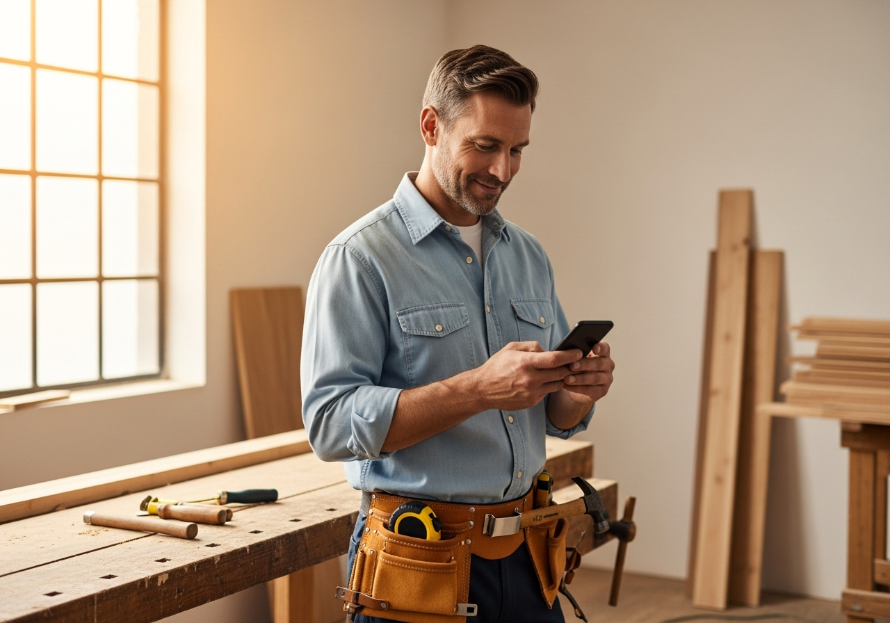 Vakman met smartphone die een nieuwe aanvraag ontvangt