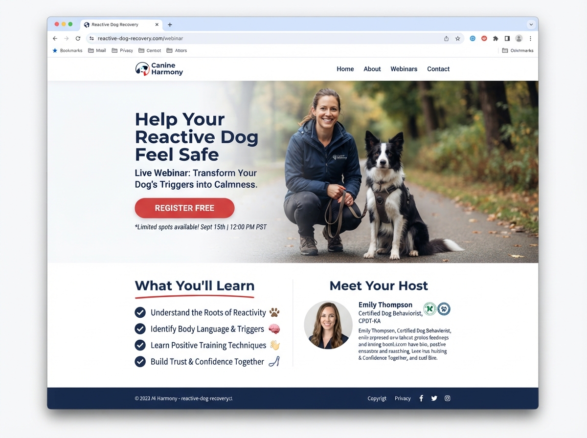 Reactive Dog Recovery webinar page built by DogTrainerPRO