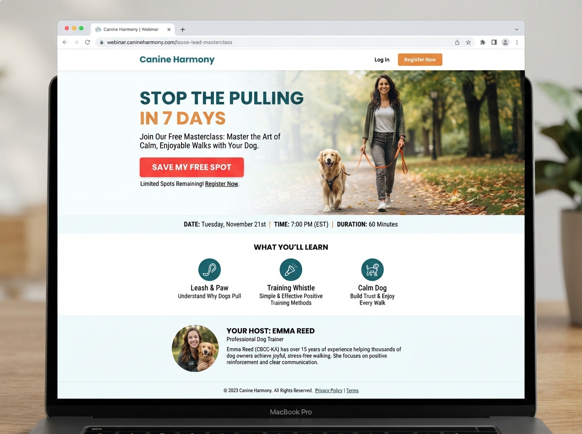 Loose Lead Walking Masterclass webinar page built by DogTrainerPRO