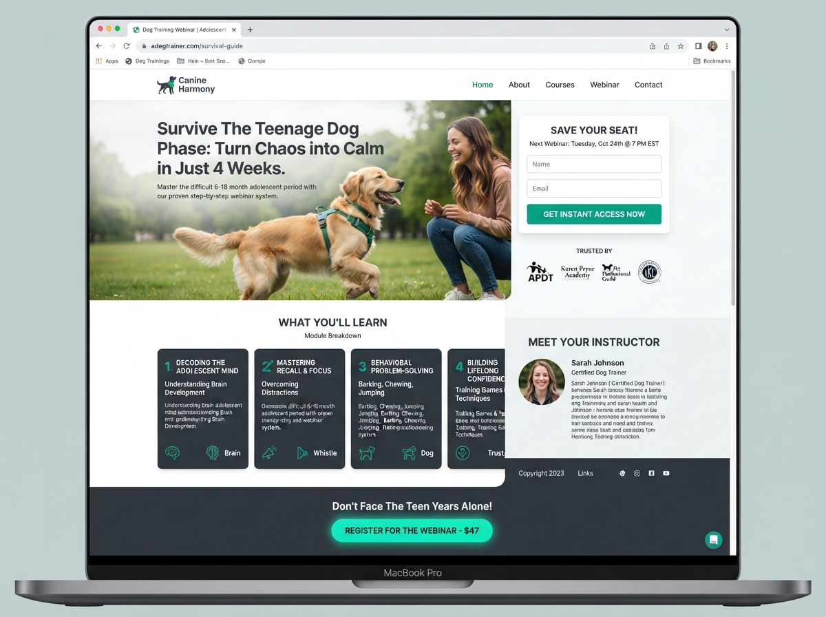 Adolescent Dog Survival Guide webinar page built by DogTrainerPRO