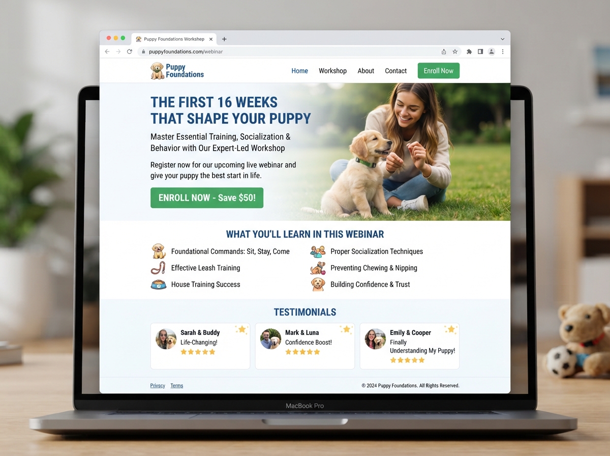 Puppy Foundations Workshop webinar page built by DogTrainerPRO