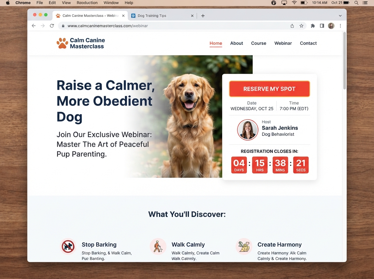 Calm Canine Masterclass webinar page built by DogTrainerPRO