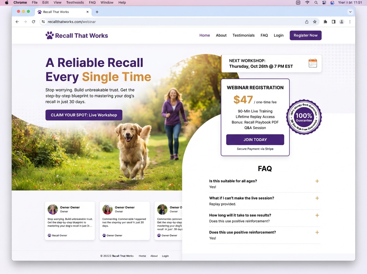 Recall That Works webinar page built by DogTrainerPRO