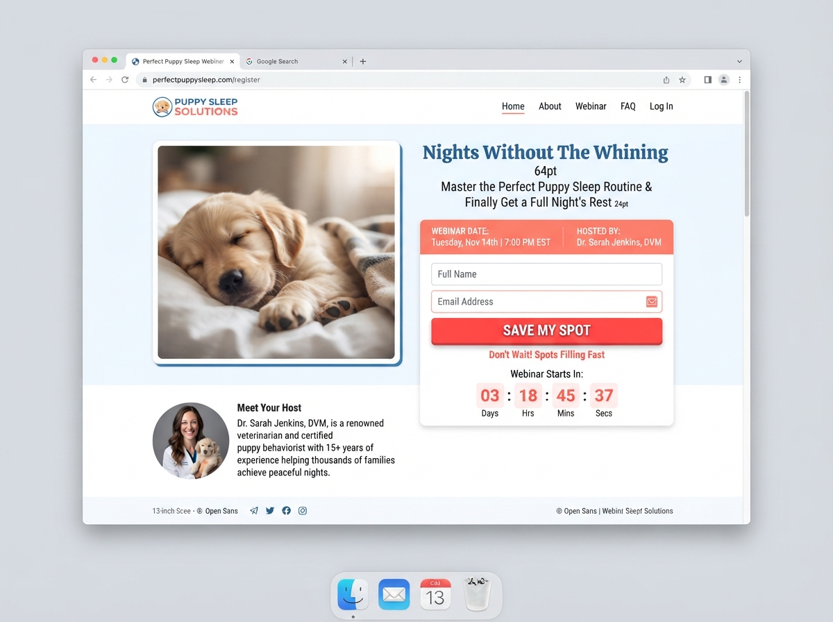 Perfect Puppy Sleep Routine webinar page built by DogTrainerPRO