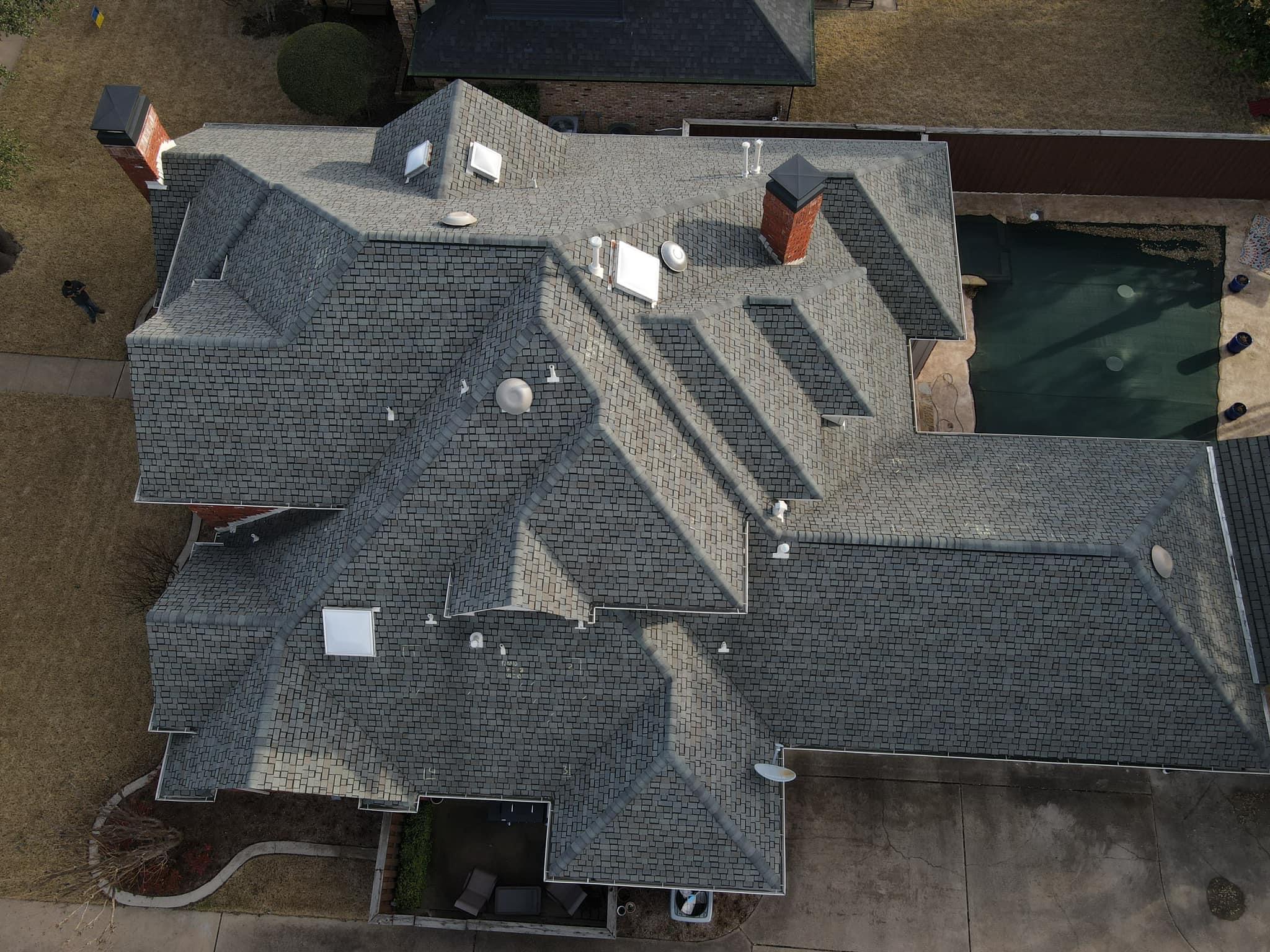 Overhead view of large residential roof