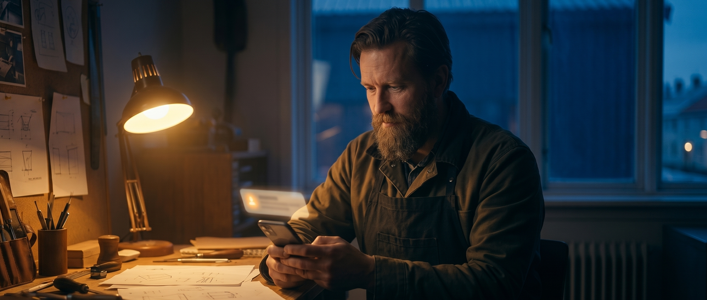 Håndverker på mobil i solnedgang