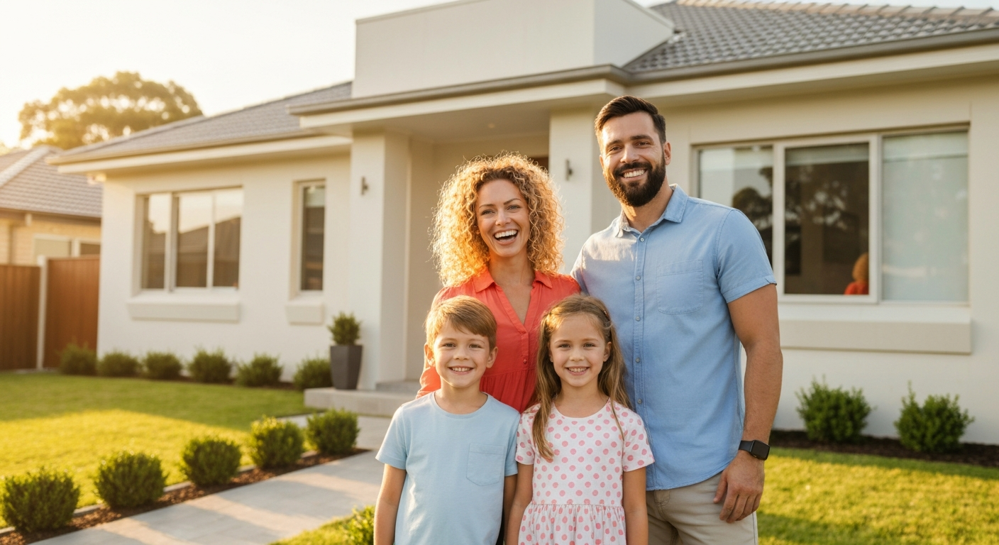 Happy family in front of their new home
