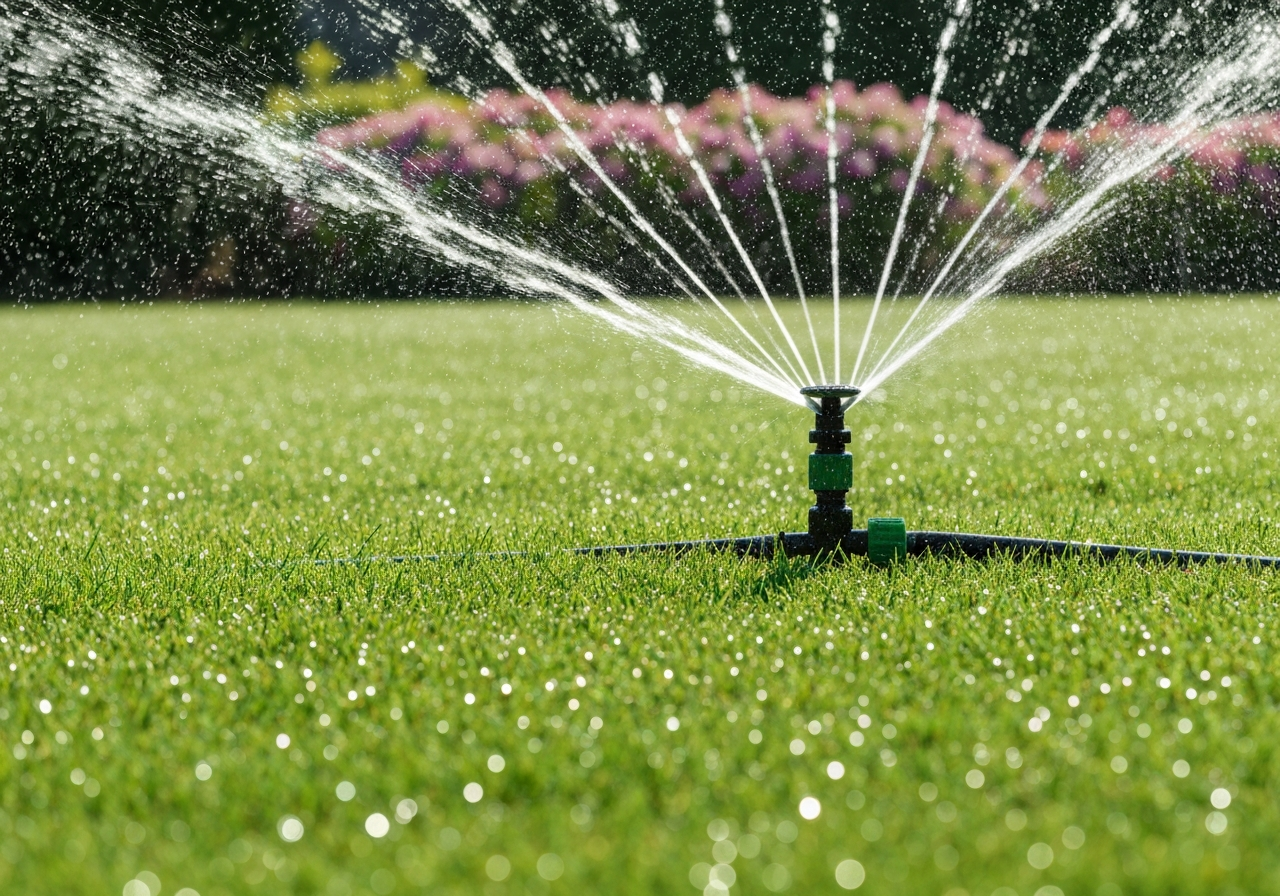 Irrigation system watering a green lawn