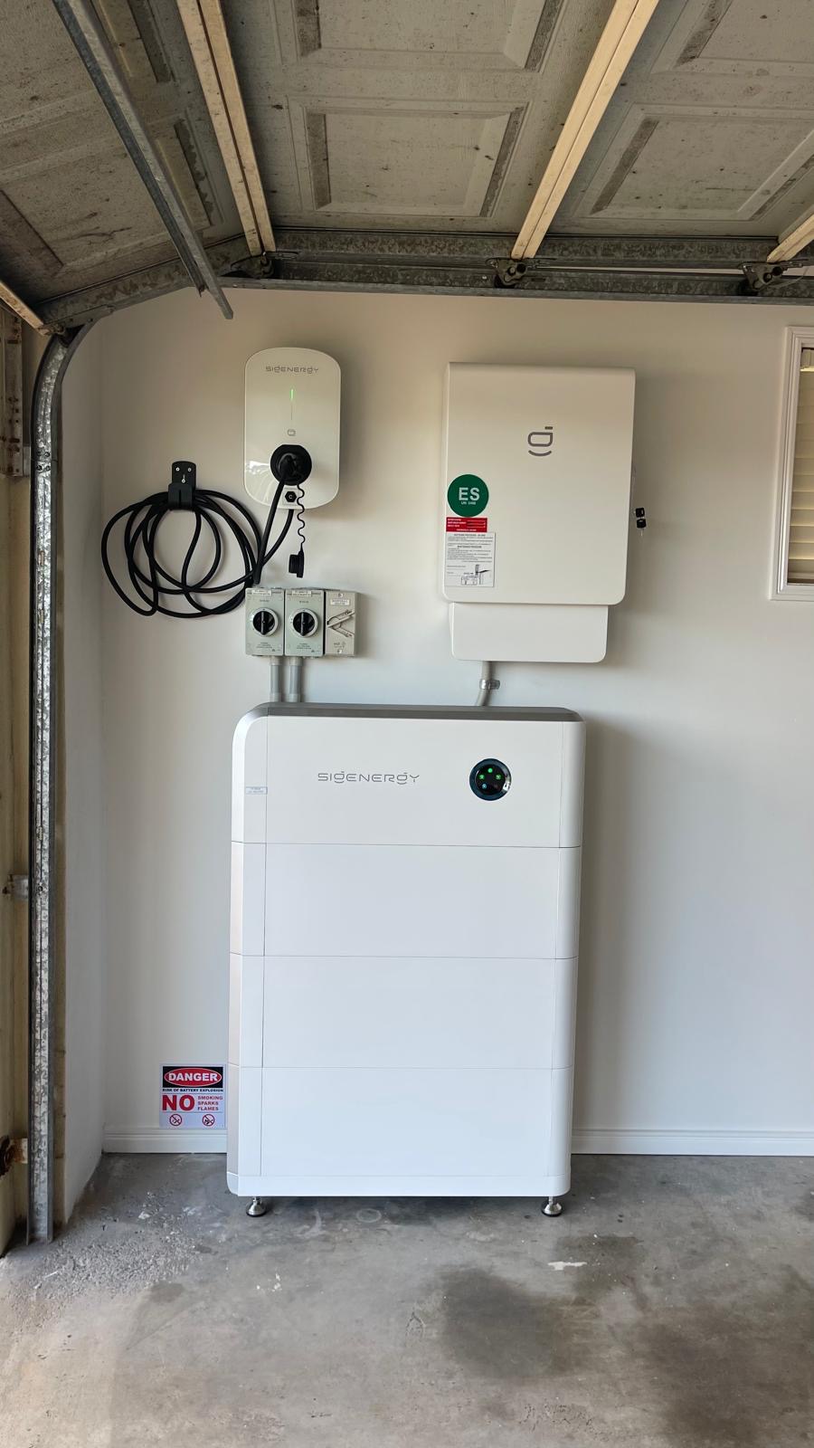 Sigenergy SigenStor 5-in-1 battery and EV charger installed by Snap Solar in a Sunshine Coast garage