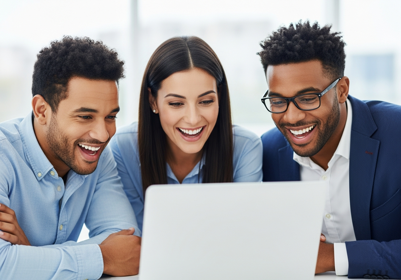 Happy people looking at a laptop