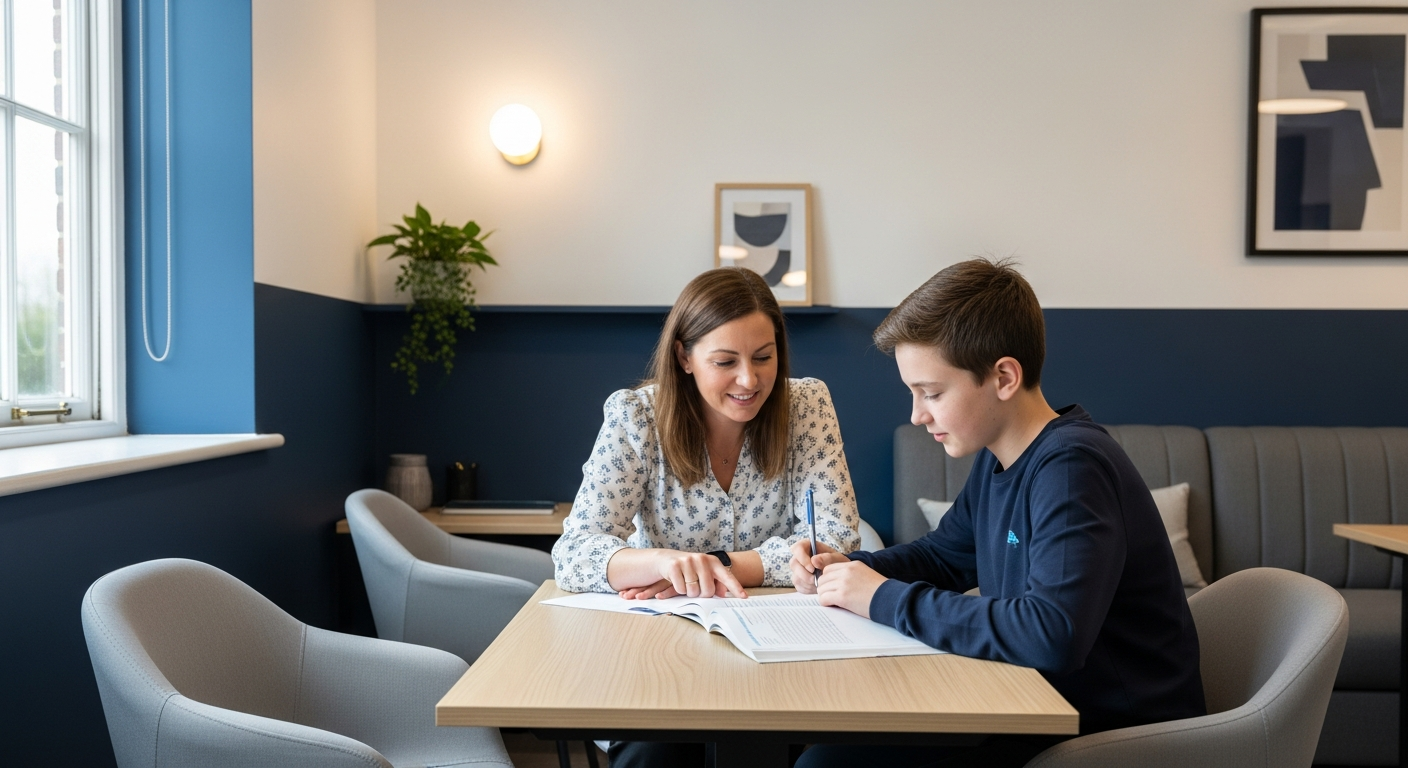 Teacher helping student in a calm tuition centre