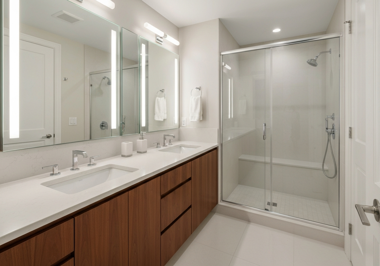 Modern bathroom featuring dual sinks with sleek faucets, wooden cabinetry, large mirrors, and a glass shower enclosure.