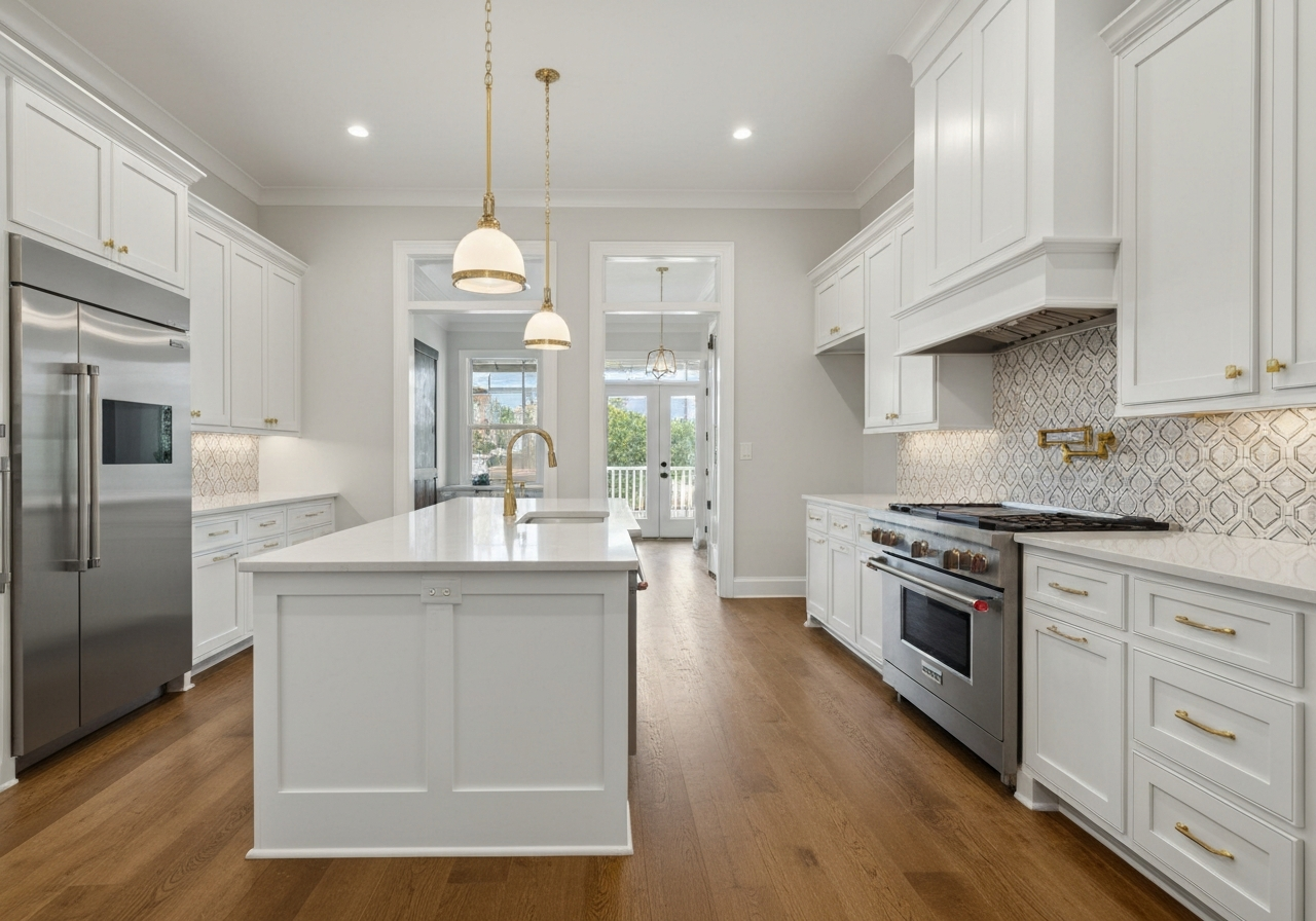 Modern kitchen featuring white cabinetry, stainless steel appliances, quartz countertops, and stylish pendant lighting, illustrating premium cabinet options for kitchen transformations.