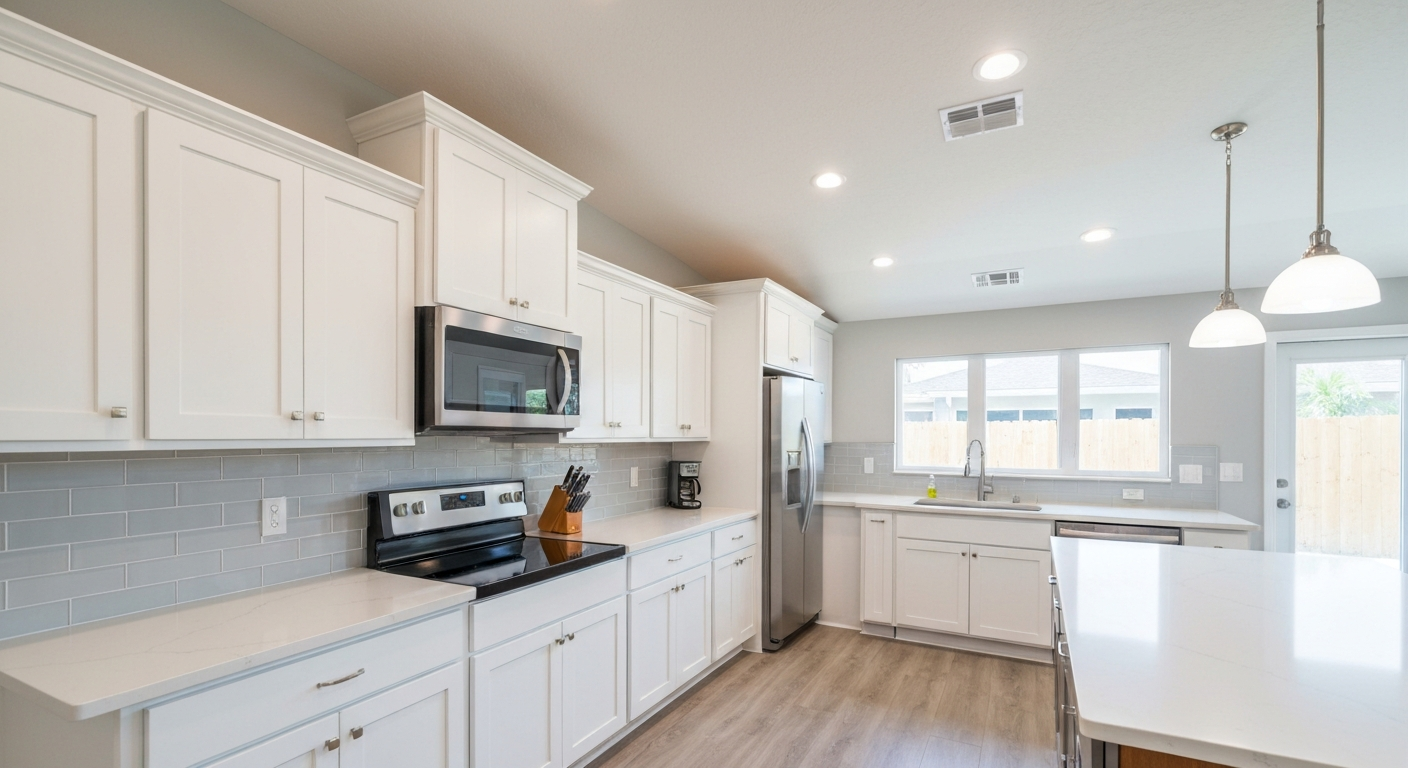 Modern kitchen featuring white cabinetry, stainless steel appliances, quartz countertops, and natural light from large windows, ideal for kitchen remodeling in Brandon, FL by Diamond Pro Finishes.