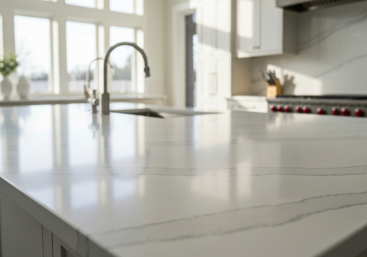 Modern kitchen countertop with white marble-like surface, sleek faucet, and bright natural lighting, highlighting cabinet styles and installation options.
