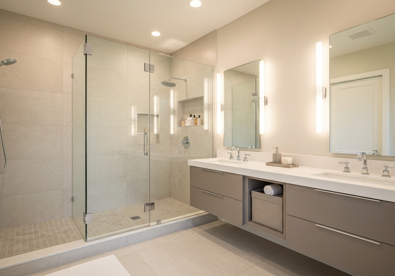 Modern bathroom featuring a glass shower enclosure, dual sinks with sleek cabinetry, and illuminated mirrors, showcasing a contemporary design suitable for cabinet replacement services.