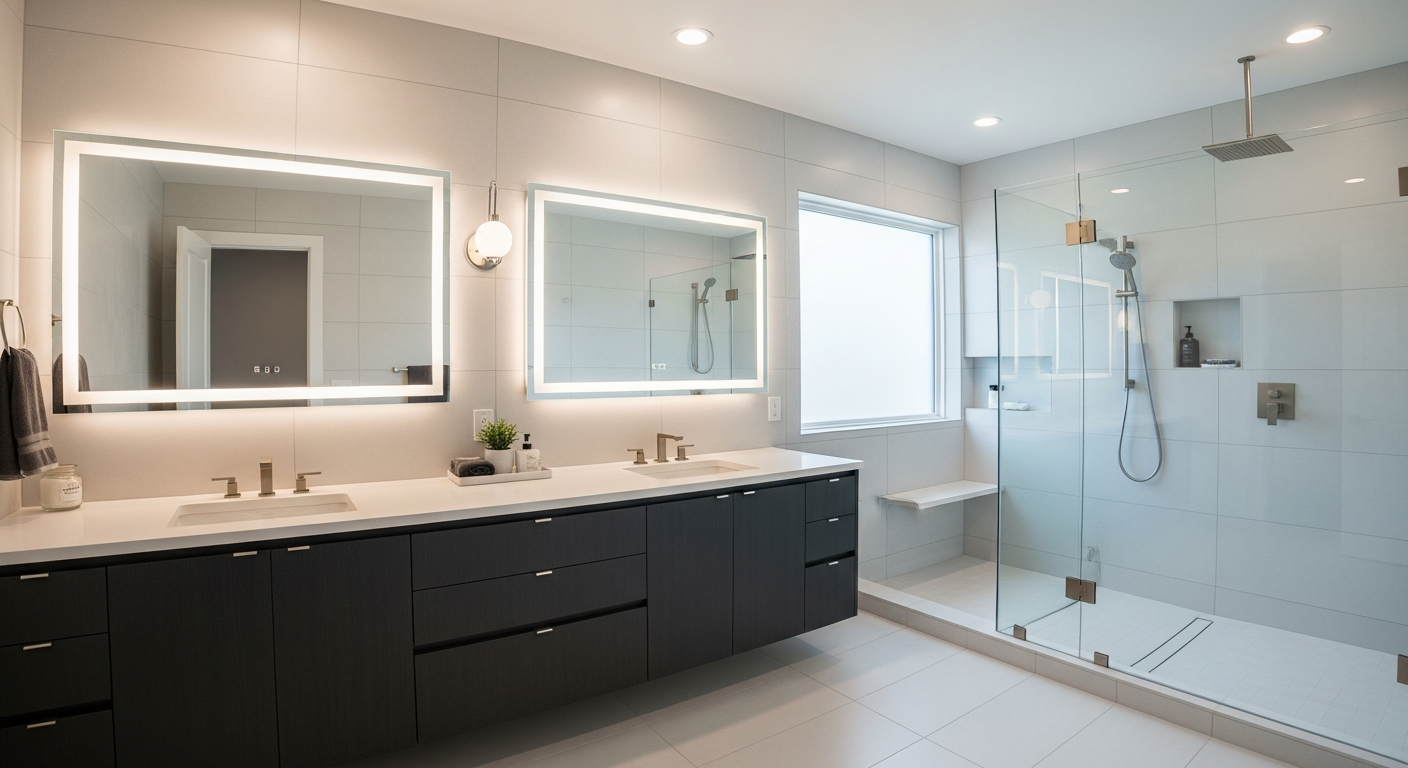 Modern bathroom with dual sink vanity, illuminated mirrors, glass shower enclosure, and neutral tile design, showcasing a stylish and functional space for bathroom remodeling by Diamond Pro Finishes.