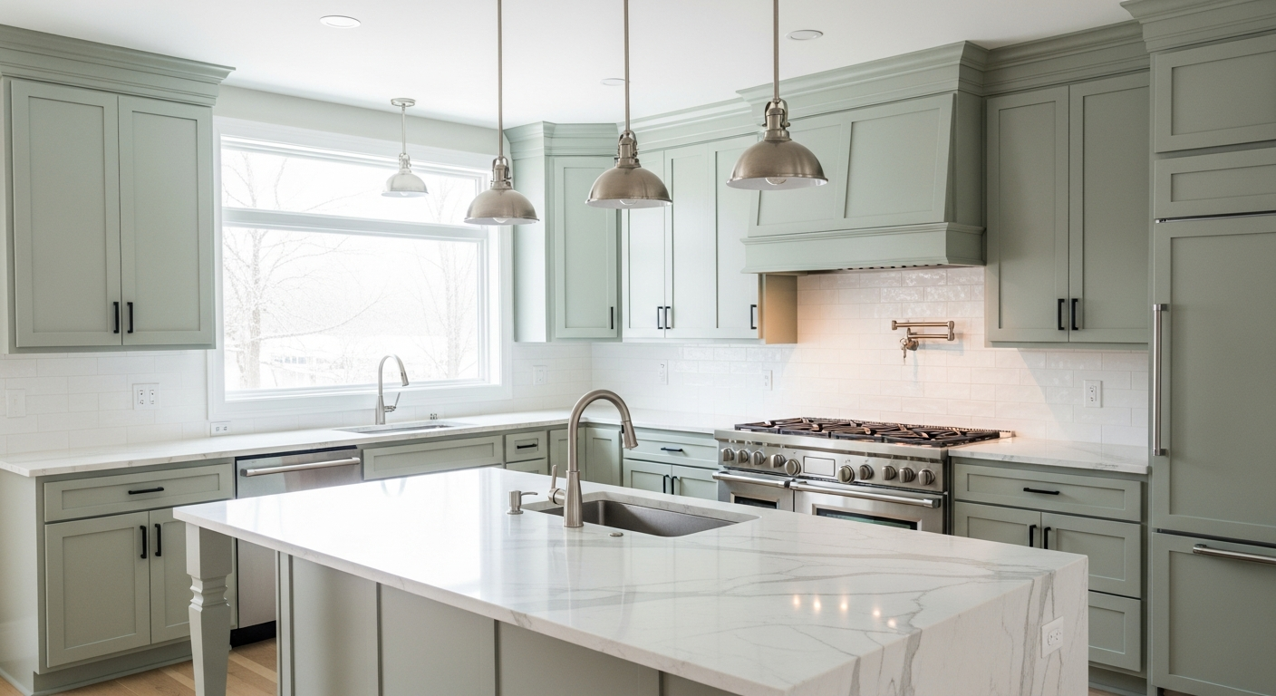 Modern kitchen featuring painted cabinets in soft green, marble countertop, stainless steel appliances, and pendant lighting, illustrating the aesthetic benefits of cabinet refinishing.