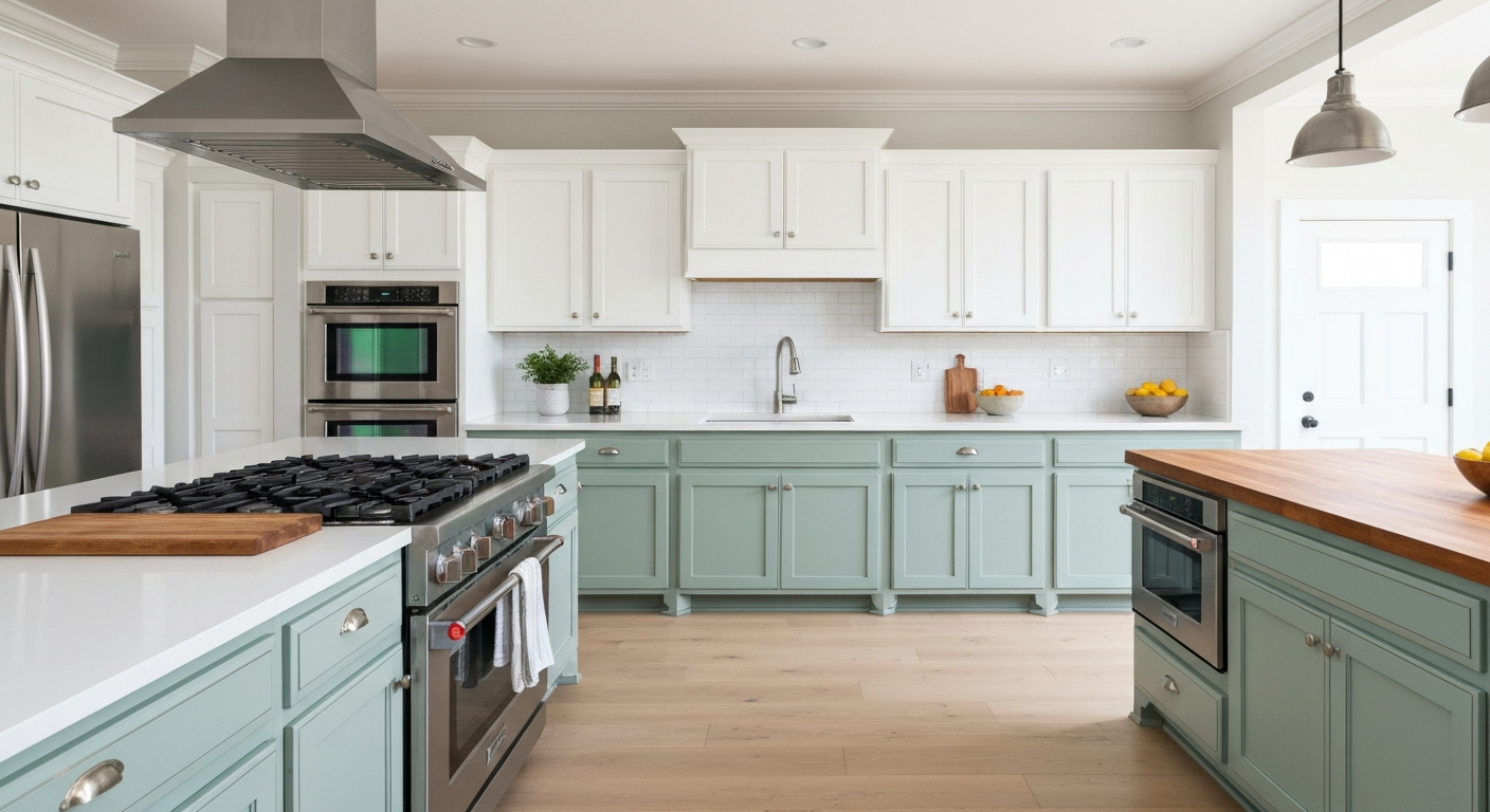 Modern kitchen featuring light green cabinet refacing, stainless steel appliances, white countertops, and elegant fixtures, illustrating a stylish transformation for cabinet renovation.