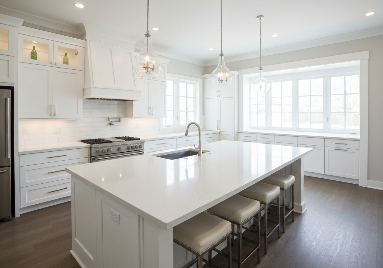 Modern kitchen featuring white cabinetry, a large island with seating, stainless steel appliances, and pendant lighting, showcasing a sleek design for functional and aesthetic enhancement.