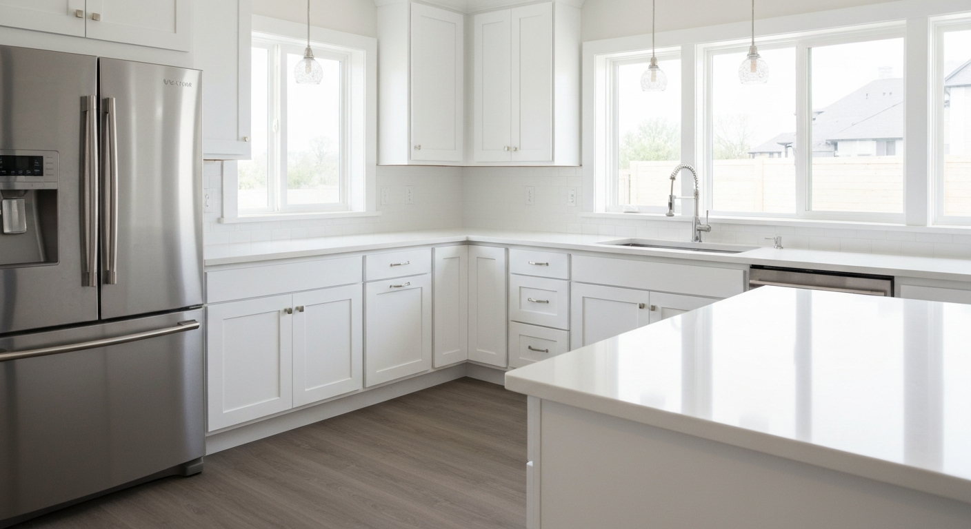 Modern kitchen featuring white cabinetry, stainless steel refrigerator, and a sleek countertop, illustrating the benefits of cabinet replacement by Diamond Pro Finishes.