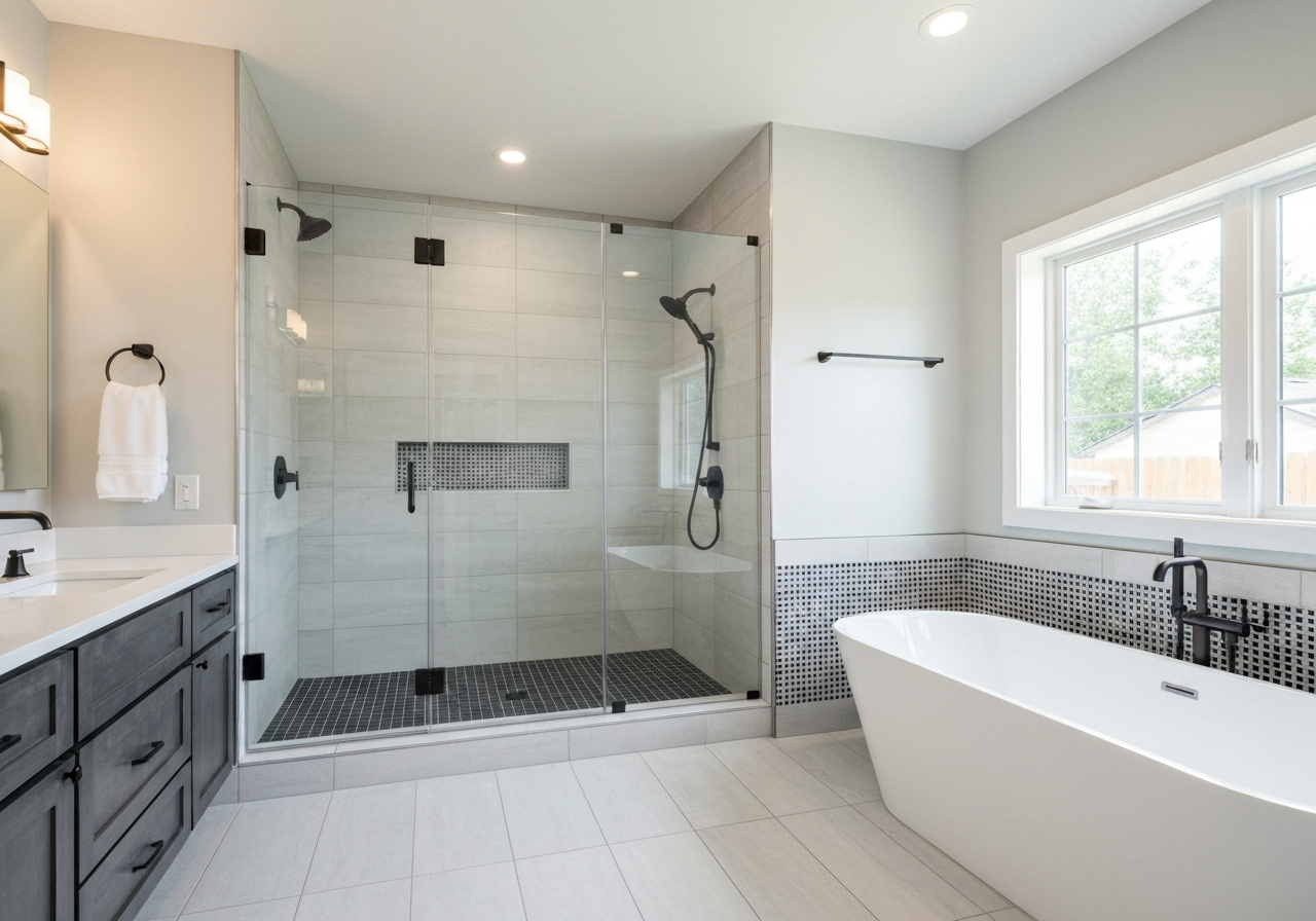 Modern bathroom featuring a glass shower enclosure, freestanding bathtub, sleek cabinetry, and contemporary fixtures, highlighting stylish design and functionality for a bathroom renovation.