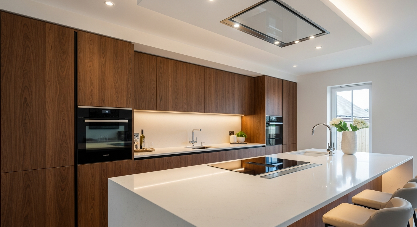 Modern kitchen design featuring sleek wooden cabinetry, a white countertop, built-in appliances, and a stylish sink, showcasing a bright and inviting space ideal for kitchen remodeling by Diamond Pro Finishes.