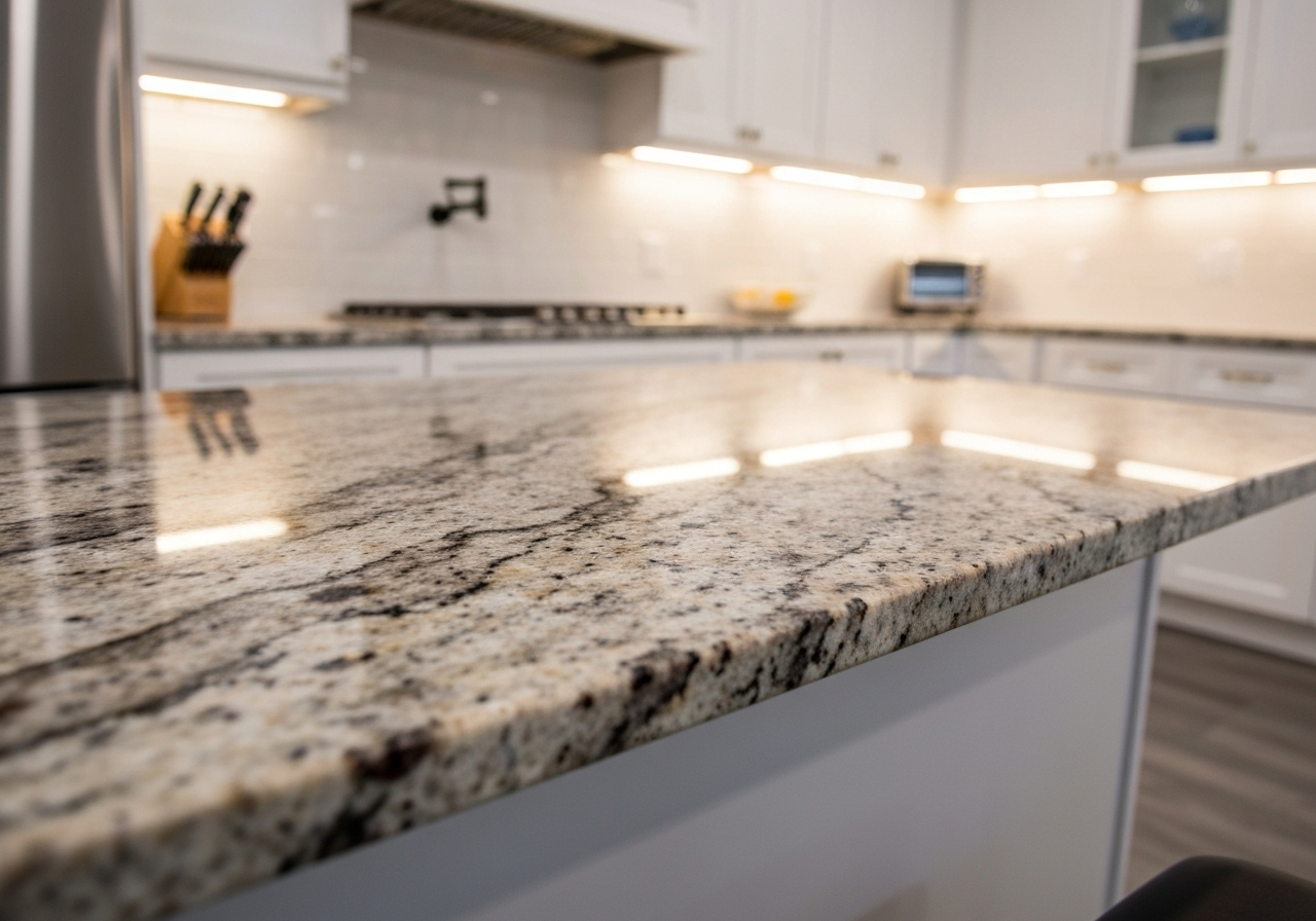 Granite kitchen countertop with modern cabinetry and stainless steel appliances, showcasing a stylish and functional kitchen space, relevant to cabinet replacement services by Diamond Pro Finishes.