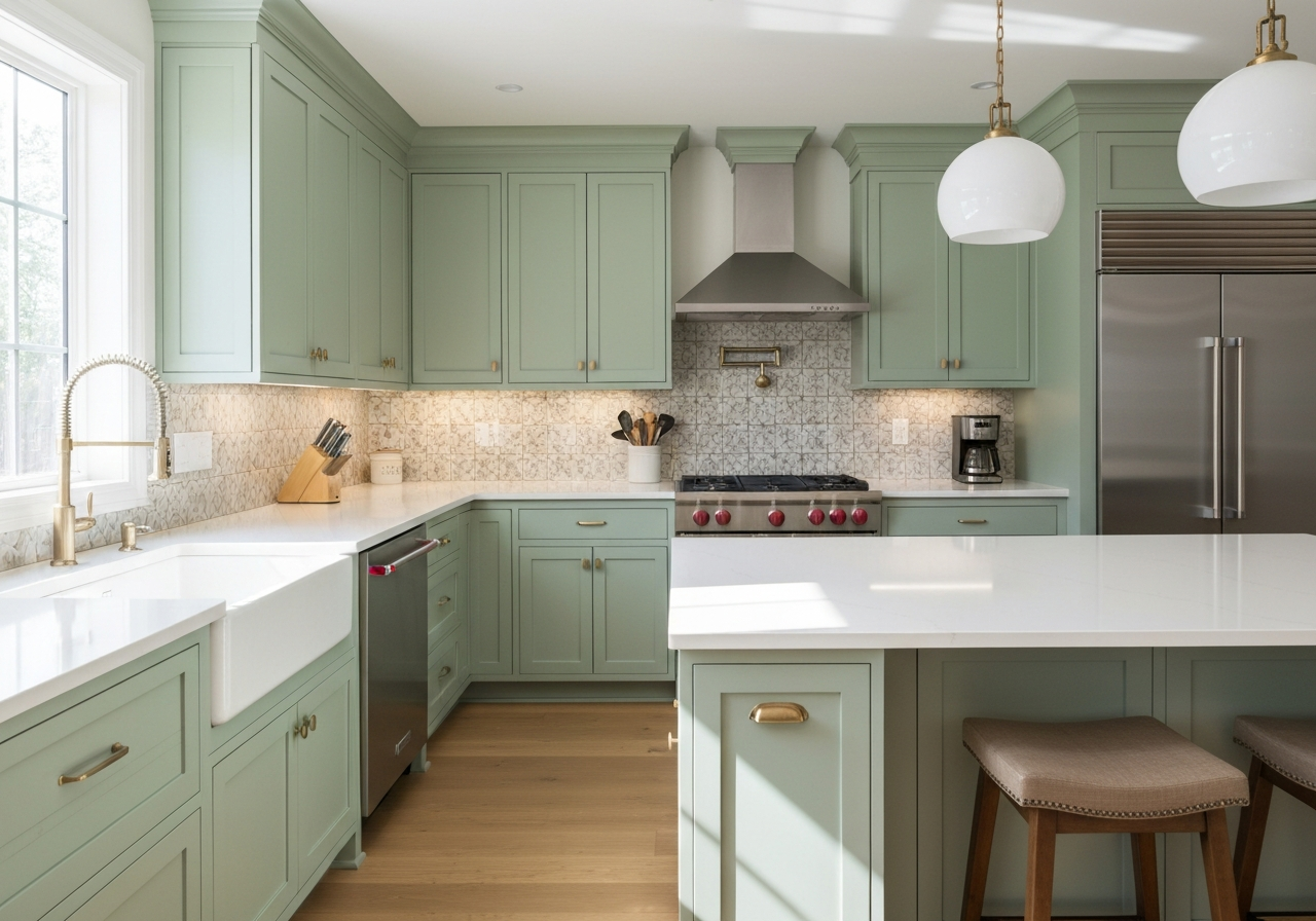 Modern kitchen featuring light green cabinets, white countertops, stainless steel appliances, and decorative backsplash, illustrating cabinet replacement options for aesthetic enhancement.