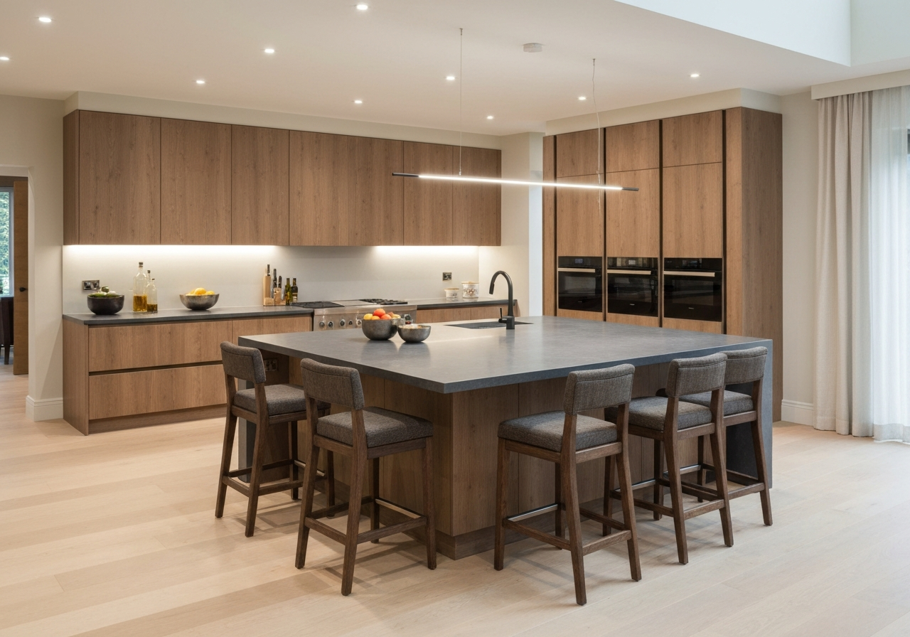 Modern kitchen featuring wooden cabinets, a central island with a gray countertop, bar stools, and stylish lighting, illustrating contemporary cabinet design options for renovations.