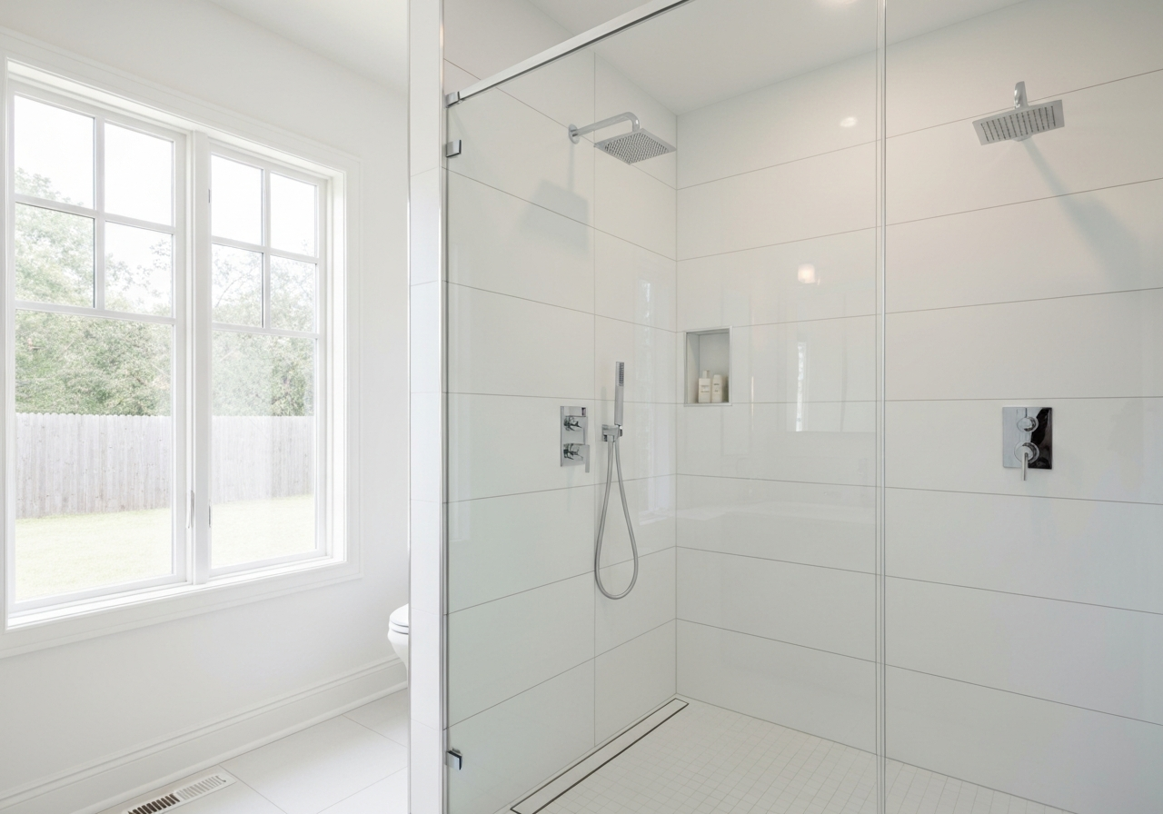 Modern bathroom shower with glass enclosure, sleek fixtures, and white tiled walls, showcasing a clean and bright design ideal for renovations by Diamond Pro Finishes in Brandon, FL.