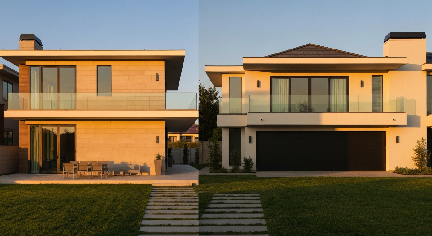 Luxury home exterior split view