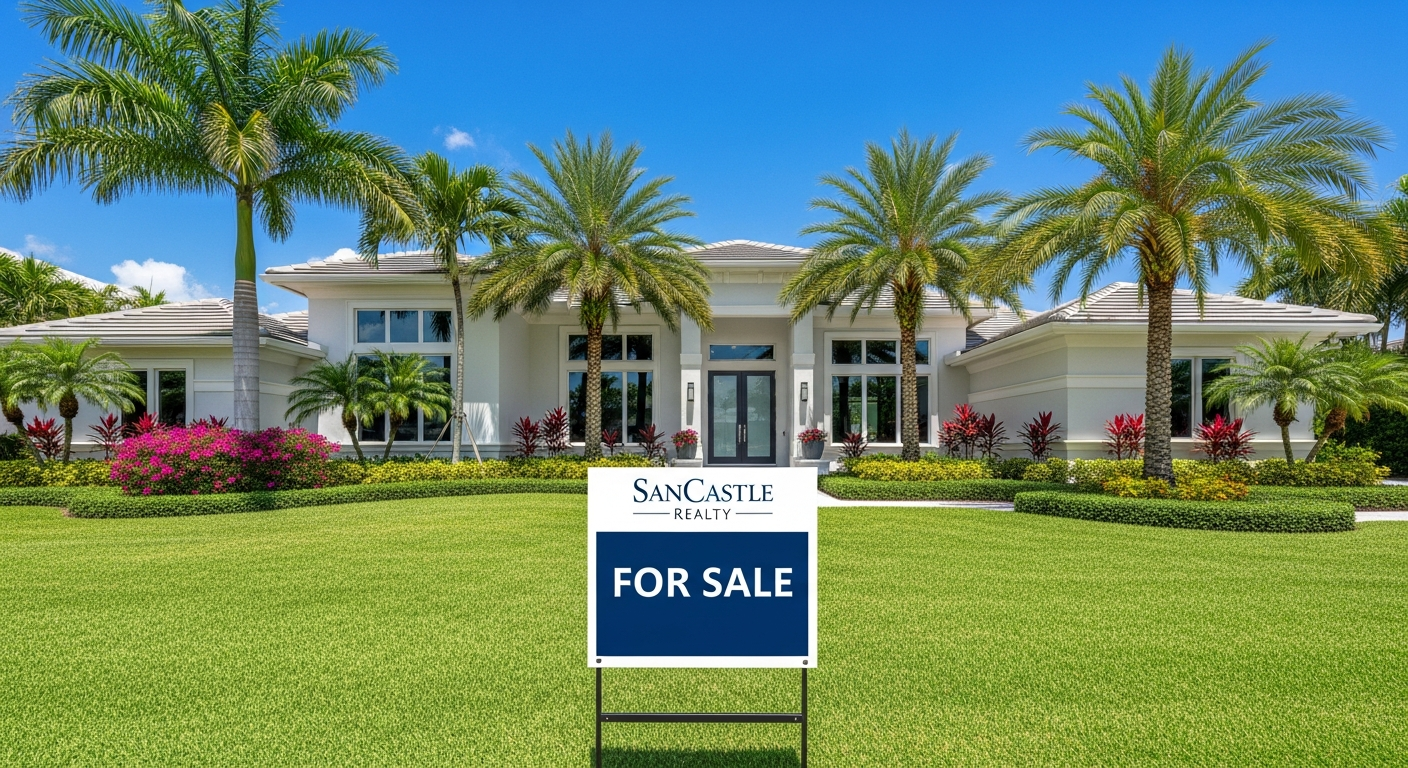 Modern Florida style luxury home with SanCastle Realty For Sale sign