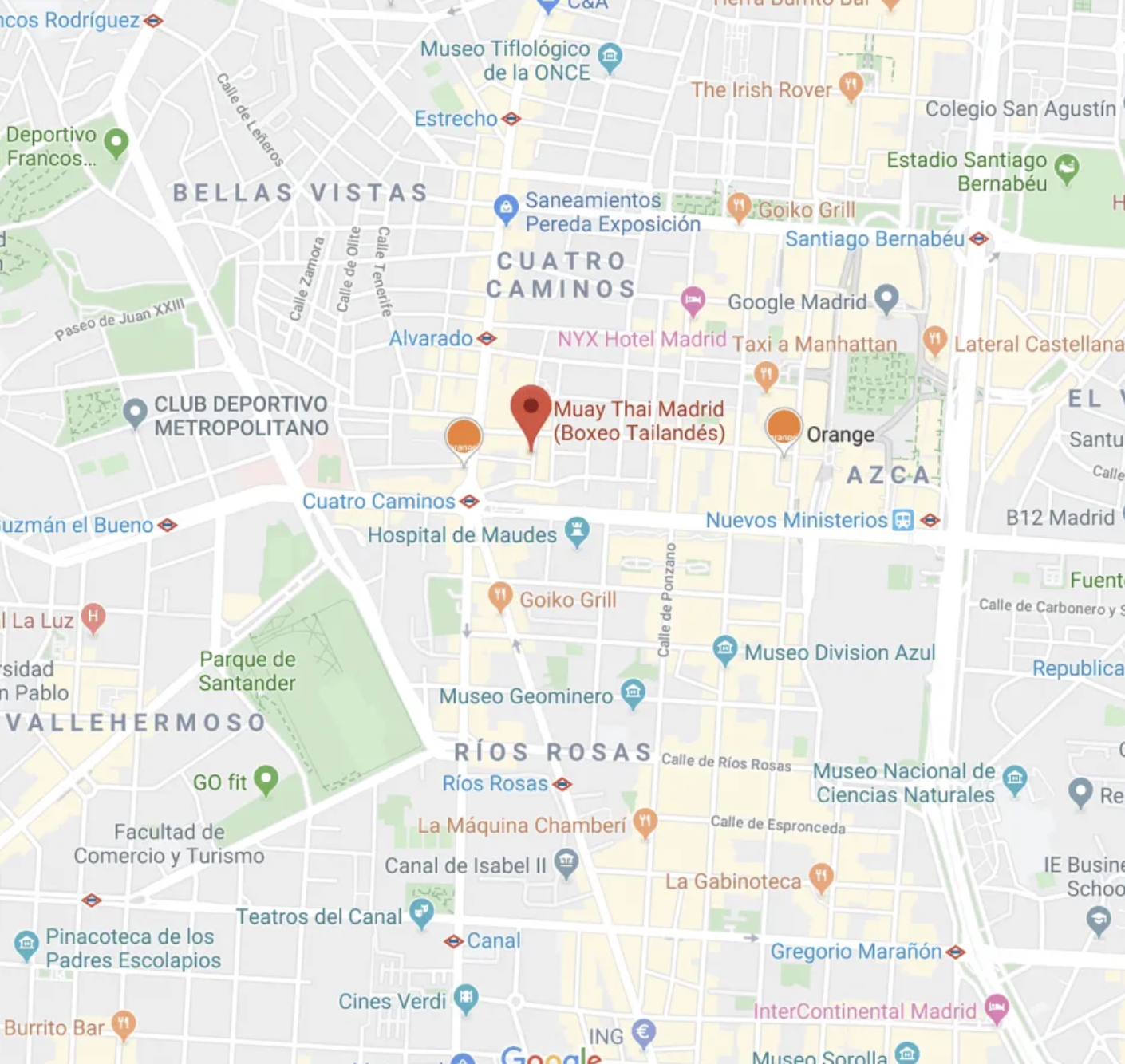 Mapa de ubicación del gimnasio Muay Thai Madrid en Cuatro Caminos, Calle Guipuzcoa 11