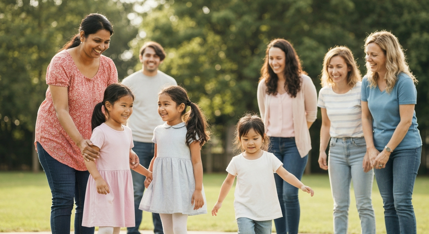 Parents and children smiling together at a school event