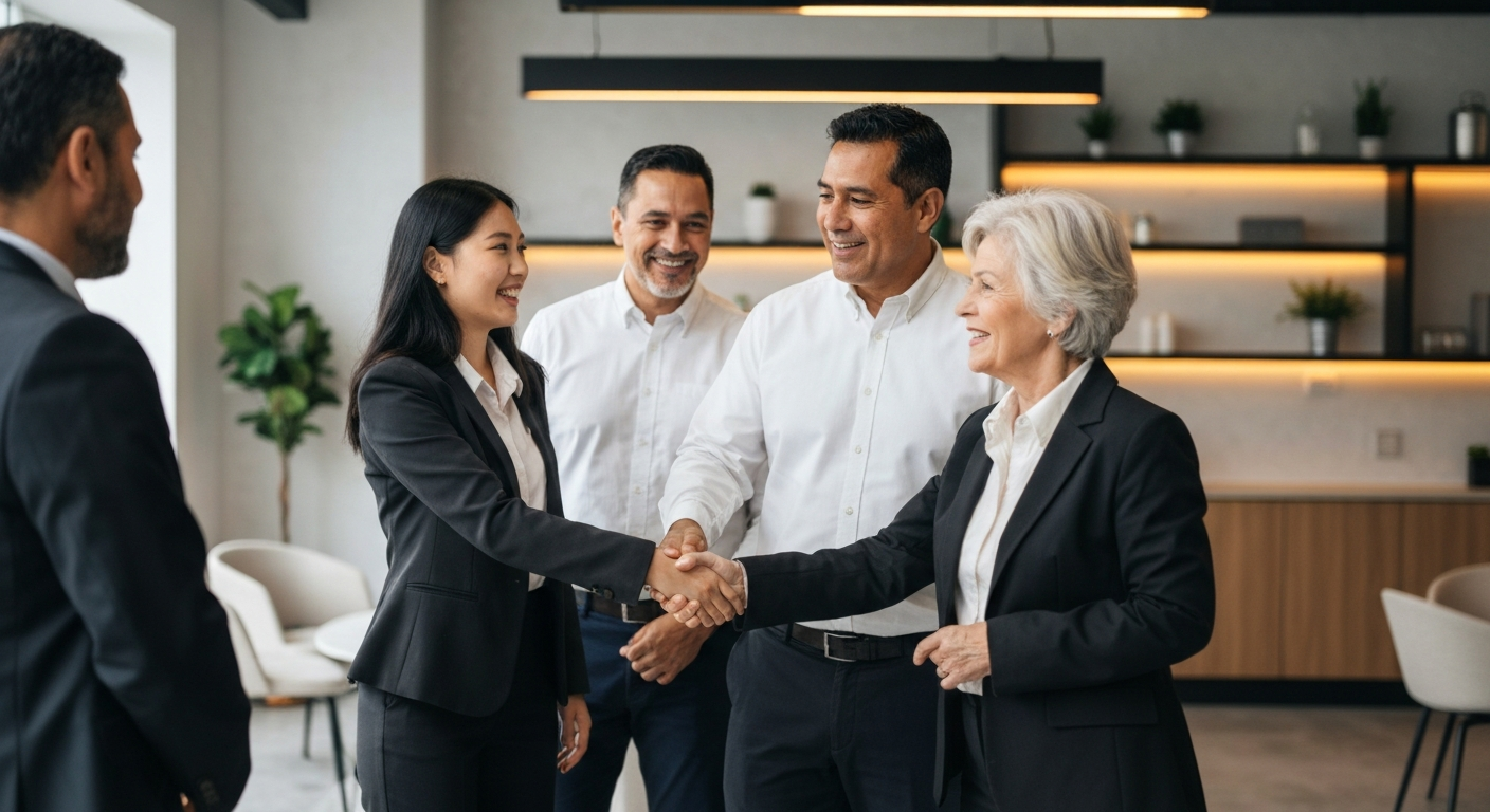 Professionals shaking hands and engaging in genuine conversation