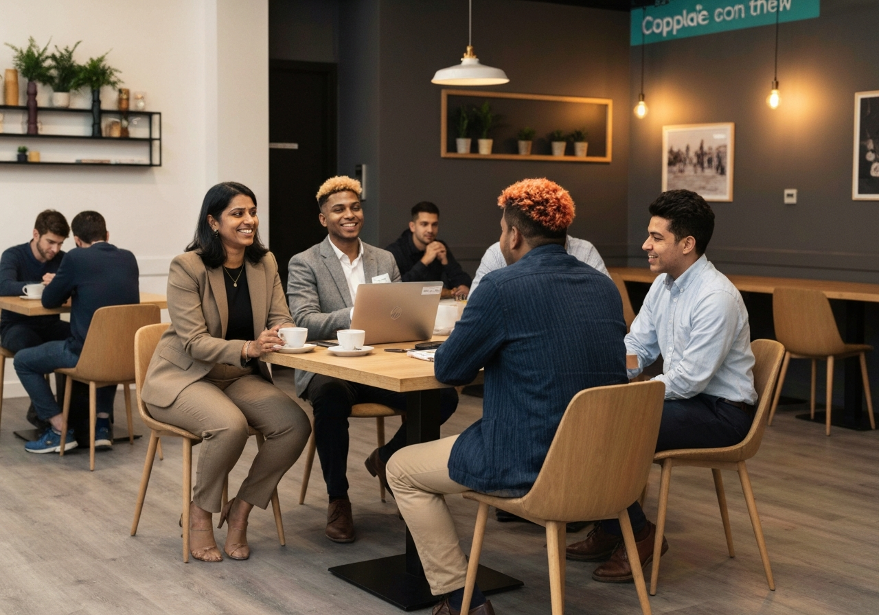 Professionals in genuine conversation and networking