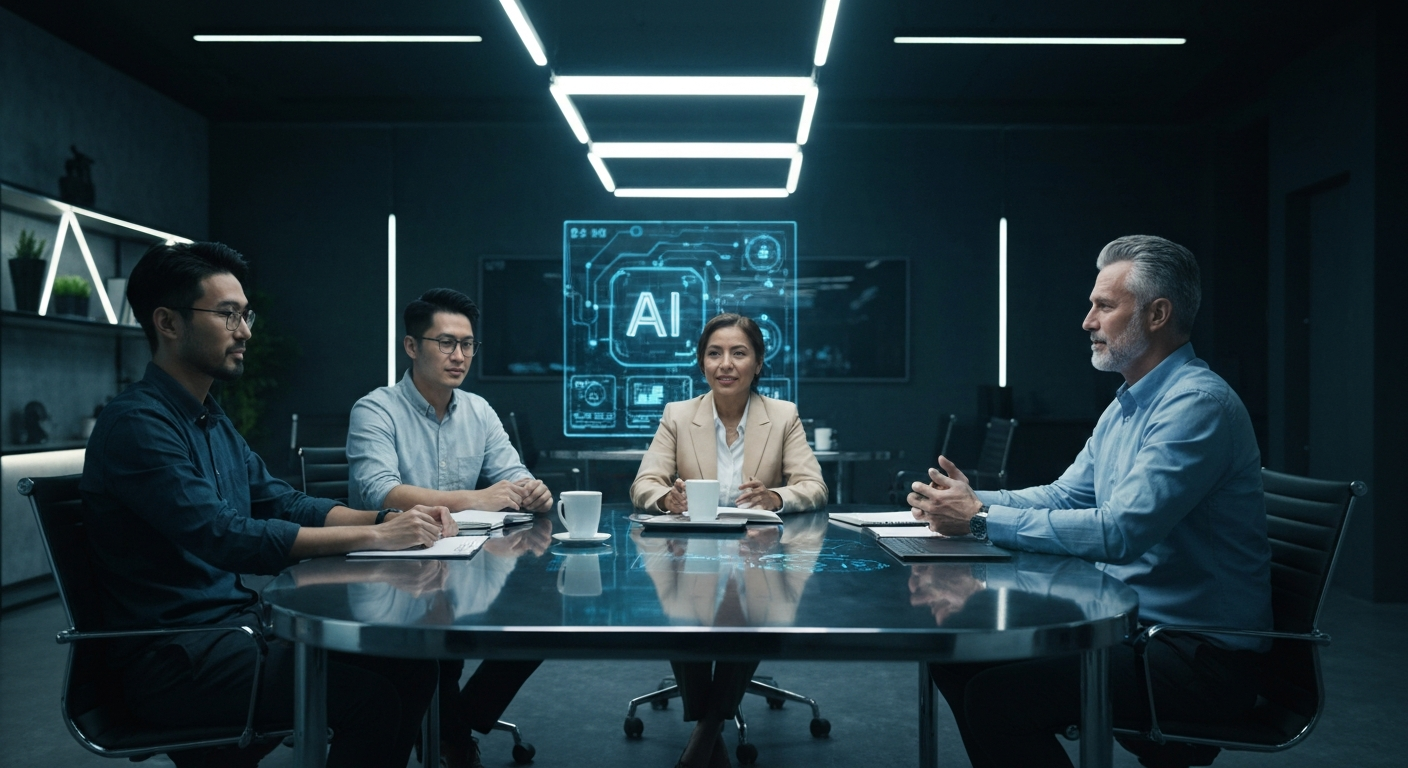 Diverse team of Intelligrail AI engineers and strategists collaborating around a modern glass table in a high-tech office environment, conceptualizing enterprise business automation.